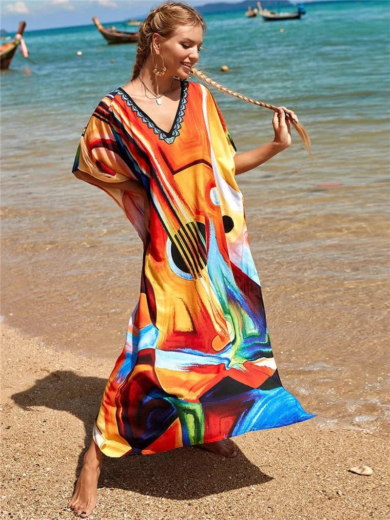 DAMOCHIC Fashion Cover Up Swimwear Women Plus Size Swim Suit Cover Ups Kaftan Sarong Rayon Print Long Maxi Beach Dresses 2023