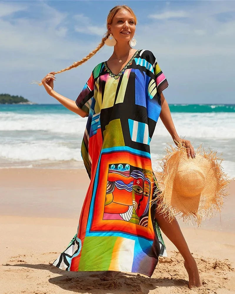 DAMOCHIC Fashion Cover Up Swimwear Women Plus Size Swim Suit Cover Ups Kaftan Sarong Rayon Print Long Maxi Beach Dresses 2023