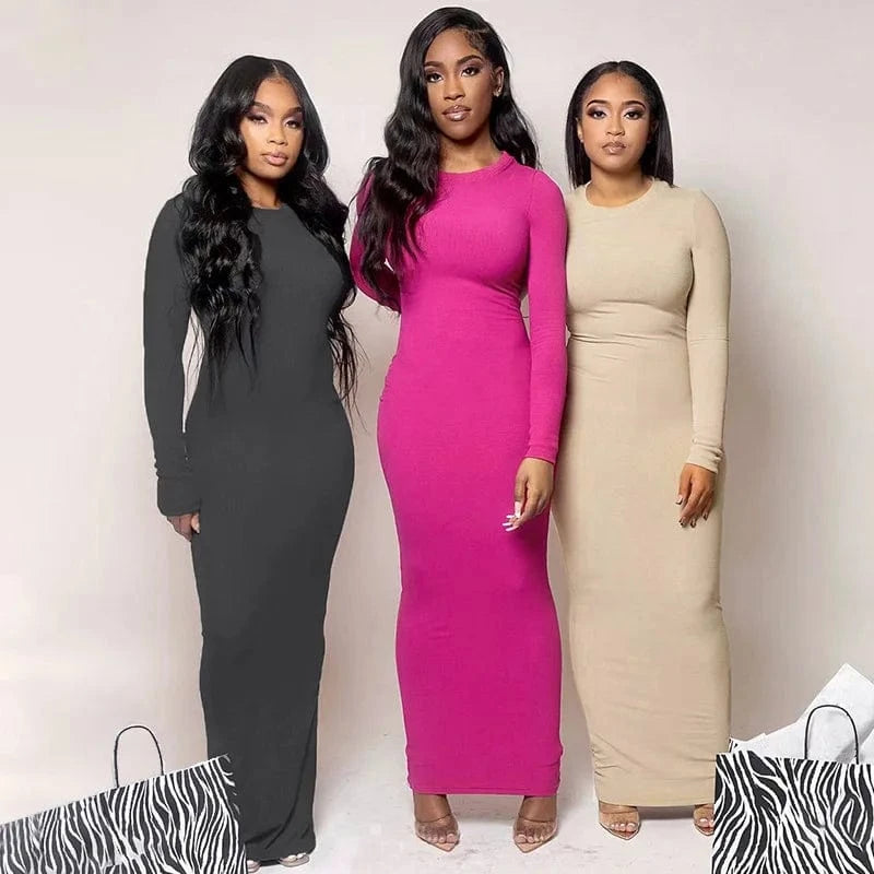 DAMOCHIC Fitting full sleeve long women Dress latest design black maxi dresses slim fit crew neck ladies sexy bodycon dress 2024