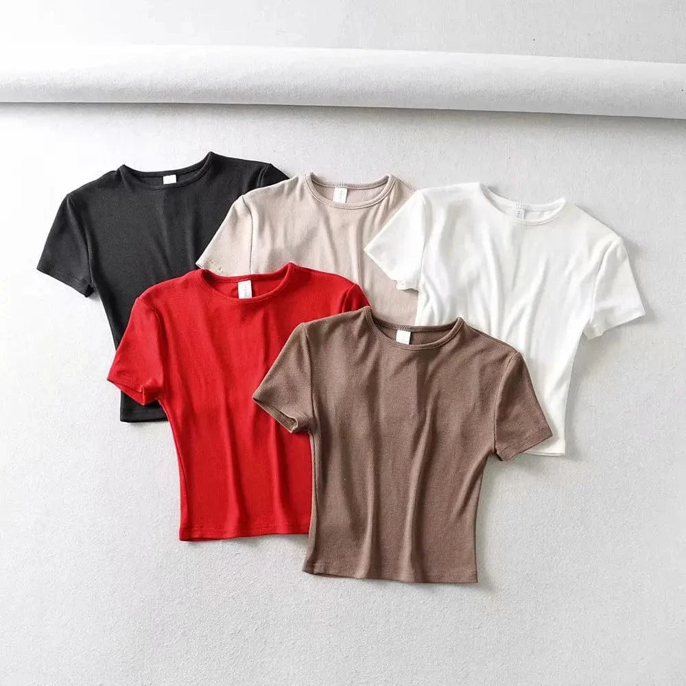 DAMOCHIC High quality Solid Color T Shirts Summer Short Sleeve Basic Blouses Round Neck Short Sleeves Crop Tops T Shirts 2023