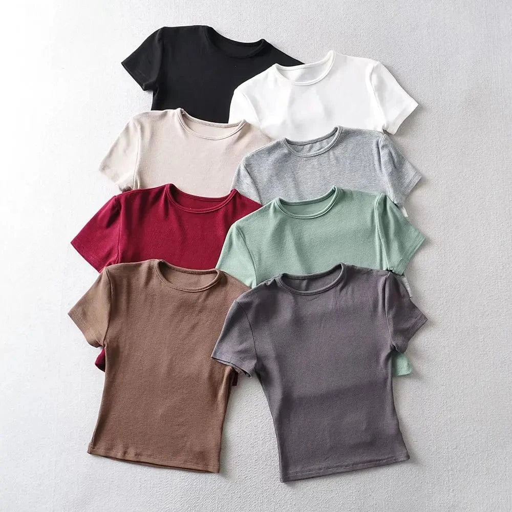 DAMOCHIC High quality Solid Color T Shirts Summer Short Sleeve Basic Blouses Round Neck Short Sleeves Crop Tops T Shirts 2023