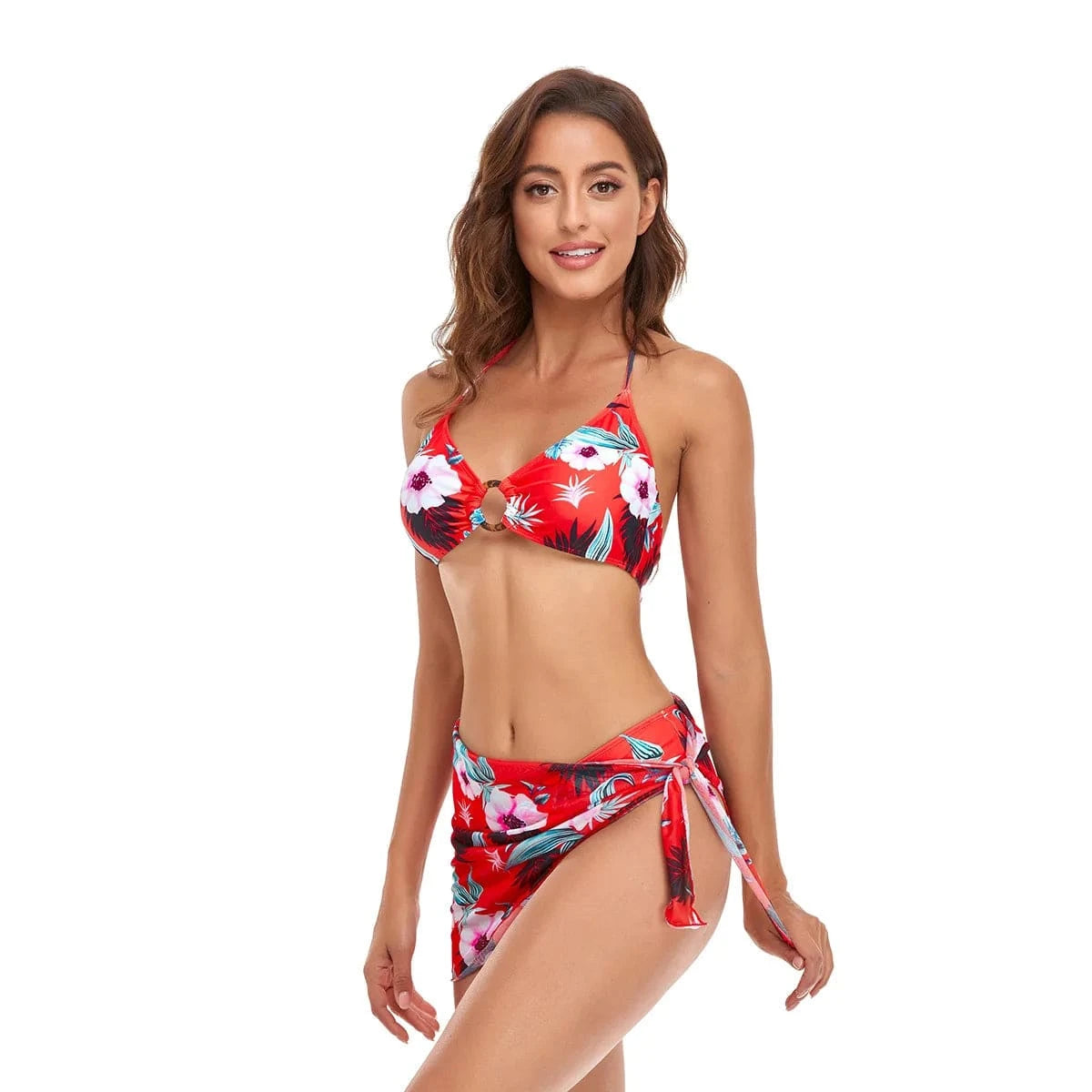 DAMOCHIC High-quality Three-piece printed mesh swimsuit Summer Halter&Lace up Bikini Sexy backless printing Bathing Suit 2023