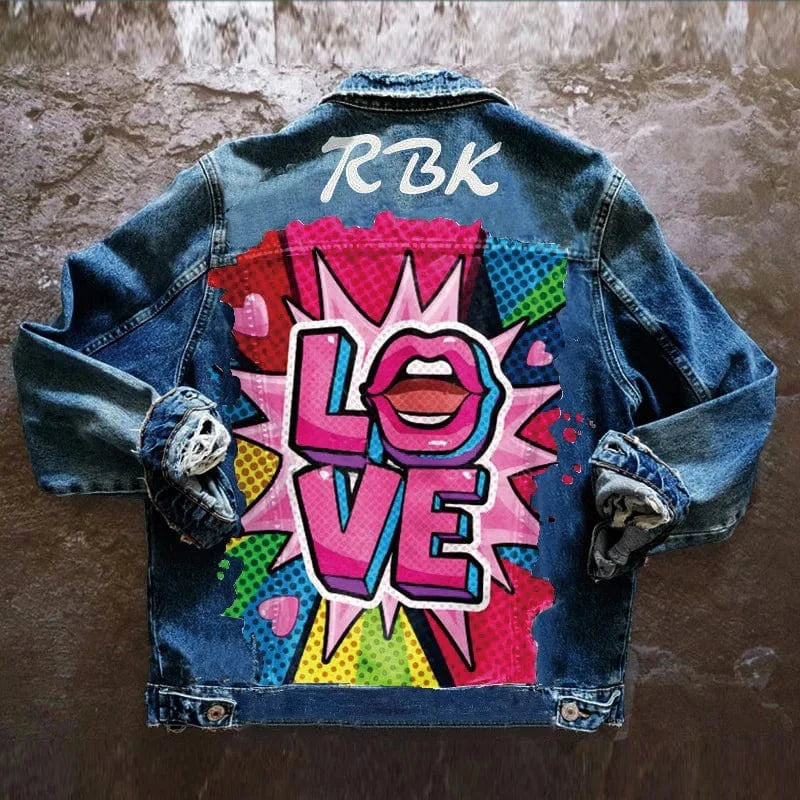 DAMOCHIC Letter Print Women Winter Coats Denim Casual Fall Jackets Tops Love Pattern Long Sleeves Pockets Jean Jacket for Ladies