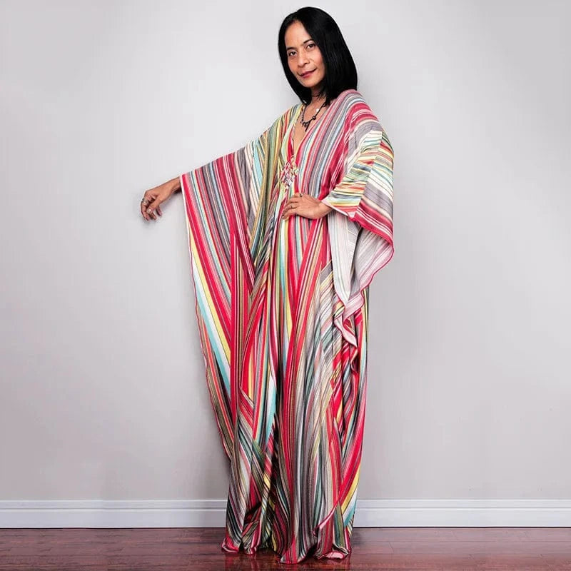 DAMOCHIC Luxury Beach Kaftan Cover Up Dress Swimsuit Ladies Loose Long Dresses Bat Sleeve Colorful Print Maxi Beach Dress 2023