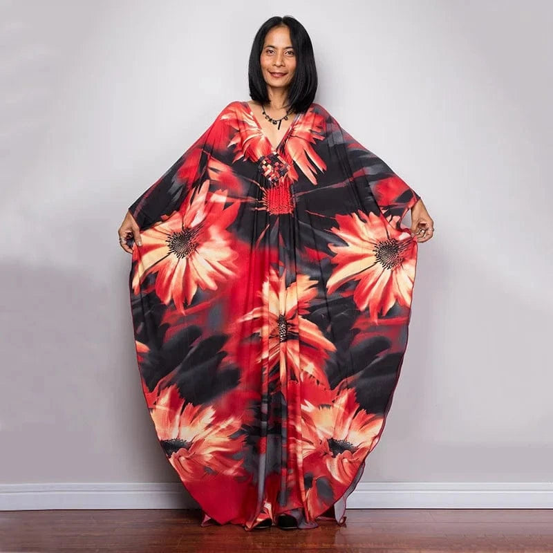DAMOCHIC Luxury Beach Kaftan Cover Up Dress Swimsuit Ladies Loose Long Dresses Bat Sleeve Colorful Print Maxi Beach Dress 2023