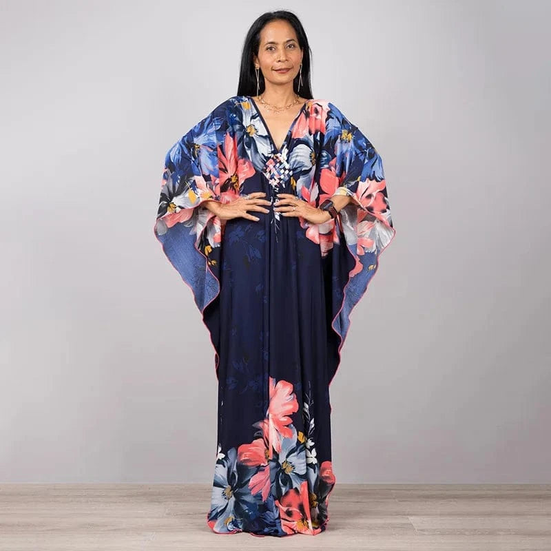 DAMOCHIC Luxury Beach Kaftan Cover Up Dress Swimsuit Ladies Loose Long Dresses Bat Sleeve Colorful Print Maxi Beach Dress 2023