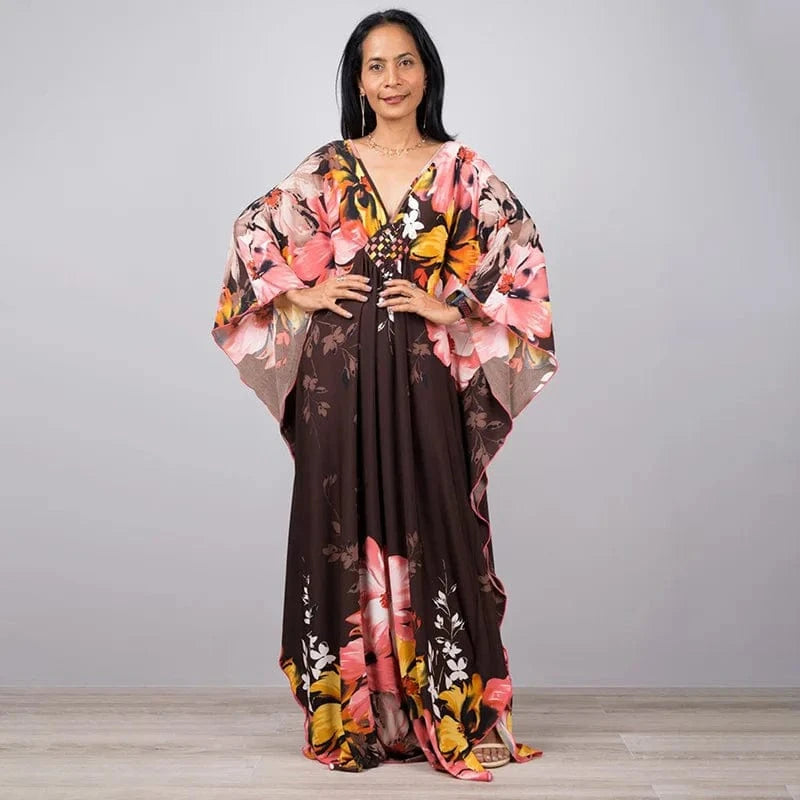DAMOCHIC Luxury Beach Kaftan Cover Up Dress Swimsuit Ladies Loose Long Dresses Bat Sleeve Colorful Print Maxi Beach Dress 2023