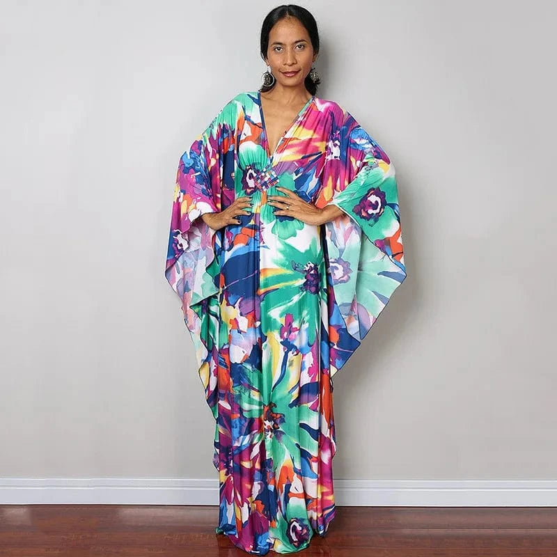 DAMOCHIC Luxury Beach Kaftan Cover Up Dress Swimsuit Ladies Loose Long Dresses Bat Sleeve Colorful Print Maxi Beach Dress 2023