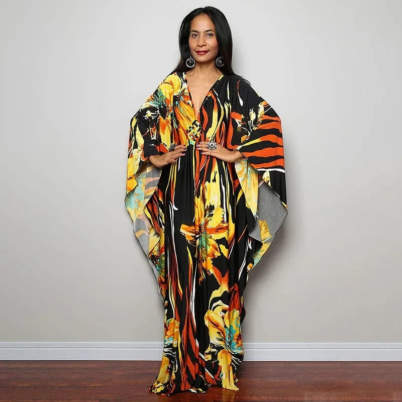 DAMOCHIC Luxury Beach Kaftan Cover Up Dress Swimsuit Ladies Loose Long Dresses Bat Sleeve Colorful Print Maxi Beach Dress 2023