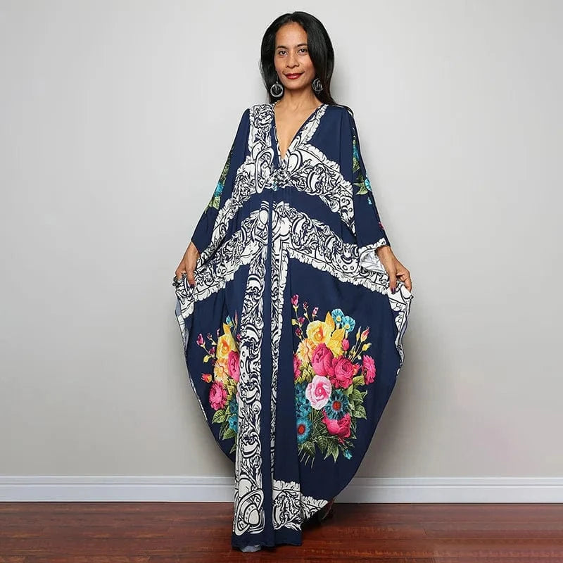DAMOCHIC Luxury Beach Kaftan Cover Up Dress Swimsuit Ladies Loose Long Dresses Bat Sleeve Colorful Print Maxi Beach Dress 2023