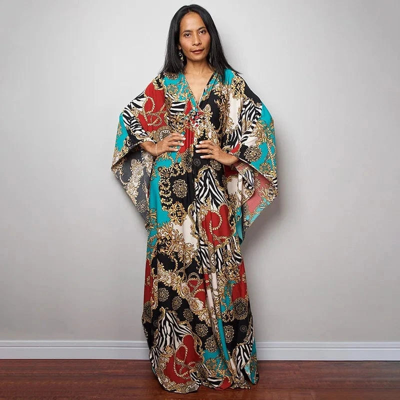 DAMOCHIC Luxury Beach Kaftan Cover Up Dress Swimsuit Ladies Loose Long Dresses Bat Sleeve Colorful Print Maxi Beach Dress 2023