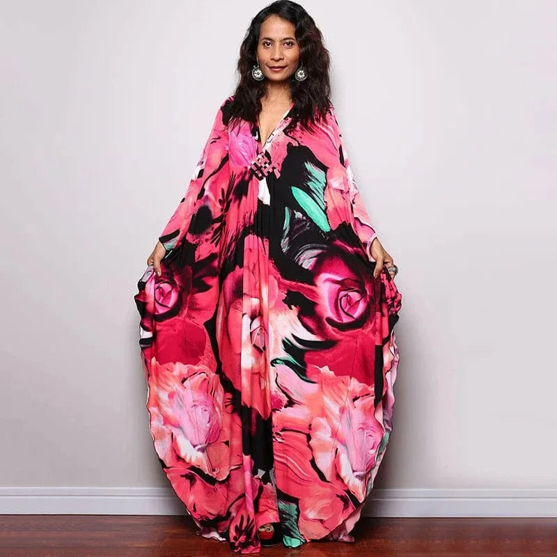 DAMOCHIC Luxury Beach Kaftan Cover Up Dress Swimsuit Ladies Loose Long Dresses Bat Sleeve Colorful Print Maxi Beach Dress 2023