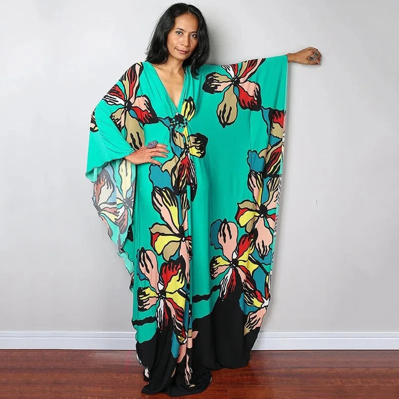 DAMOCHIC Luxury Beach Kaftan Cover Up Dress Swimsuit Ladies Loose Long Dresses Bat Sleeve Colorful Print Maxi Beach Dress 2023