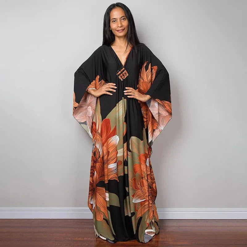 DAMOCHIC Luxury Beach Kaftan Cover Up Dress Swimsuit Ladies Loose Long Dresses Bat Sleeve Colorful Print Maxi Beach Dress 2023