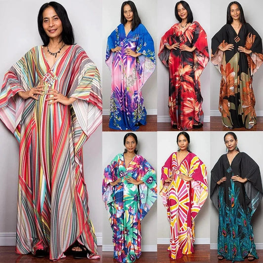 DAMOCHIC Luxury Beach Kaftan Cover Up Dress Swimsuit Ladies Loose Long Dresses Bat Sleeve Colorful Print Maxi Beach Dress 2023