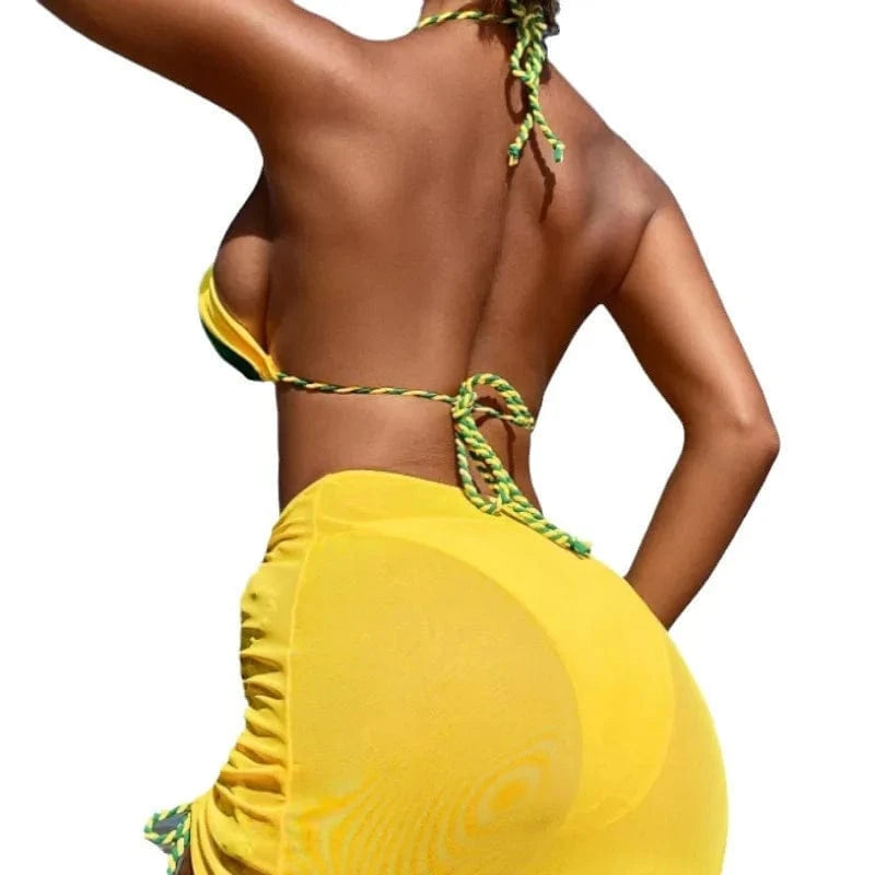 DAMOCHIC Mini Micro Bikini Modest Bathing Suit 3 Piece Swimwear Beachwear Halter Tops Beach Skirt Cover Up Swimsuit Bikini 2024