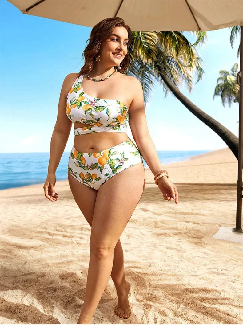 DAMOCHIC New Fruit Print Swimwear One Shoulder Push Up Bathing Suit for Fat Women High Cut Swimsuit Plus Size Bikini Set 2023