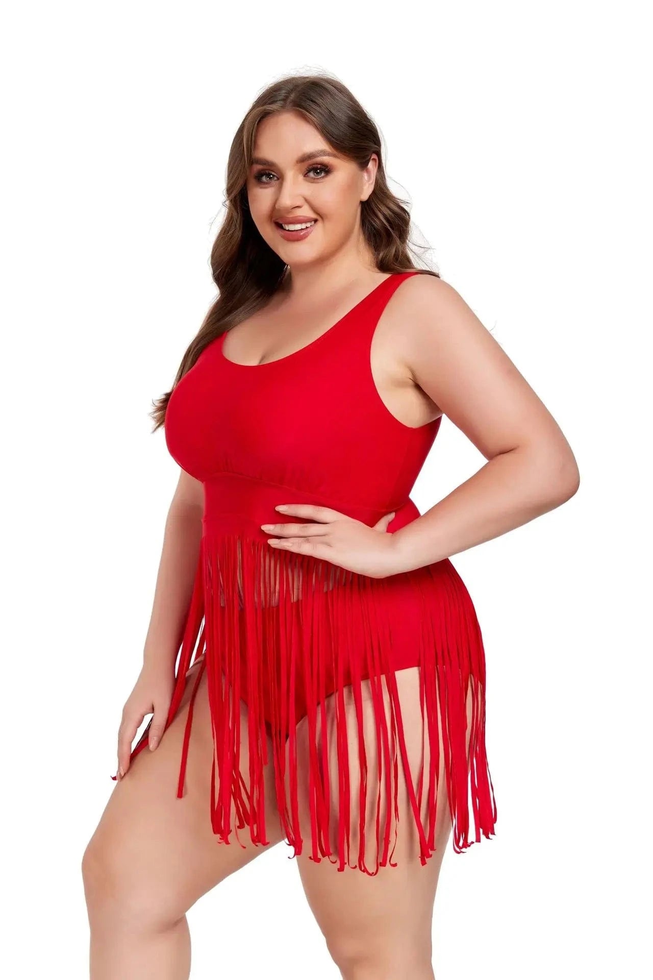 DAMOCHIC New Large Tankini Set Fringed Hem Solid Two Piece Swimwear Beachwear Big Fat Women Summer Plus Size Swimsuit Bikini