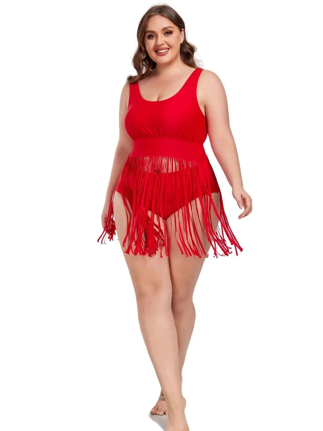 DAMOCHIC New Large Tankini Set Fringed Hem Solid Two Piece Swimwear Beachwear Big Fat Women Summer Plus Size Swimsuit Bikini