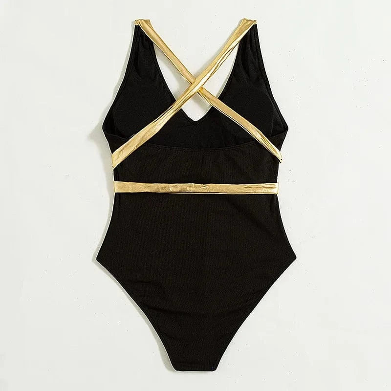 DAMOCHIC New Luxury Swimwear Plus Size Bikini for Fat Women Deep V Sexy Backless Bronzing Cross Straps Black One Piece Swimsuits