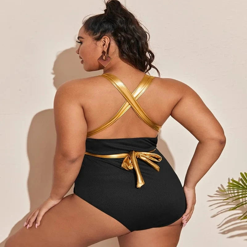 DAMOCHIC New Luxury Swimwear Plus Size Bikini for Fat Women Deep V Sexy Backless Bronzing Cross Straps Black One Piece Swimsuits