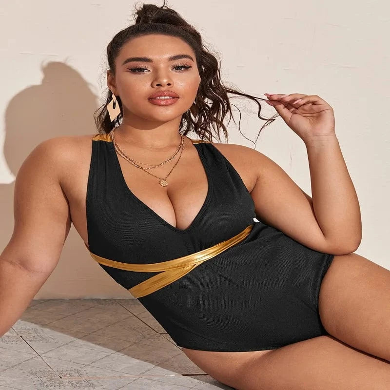 DAMOCHIC New Luxury Swimwear Plus Size Bikini for Fat Women Deep V Sexy Backless Bronzing Cross Straps Black One Piece Swimsuits
