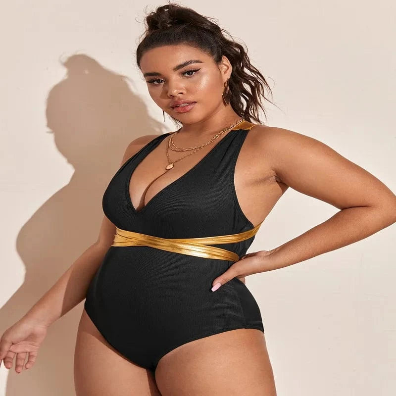DAMOCHIC New Luxury Swimwear Plus Size Bikini for Fat Women Deep V Sexy Backless Bronzing Cross Straps Black One Piece Swimsuits