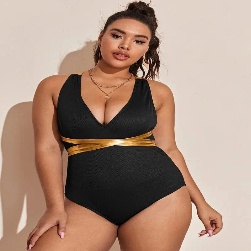 DAMOCHIC New Luxury Swimwear Plus Size Bikini for Fat Women Deep V Sexy Backless Bronzing Cross Straps Black One Piece Swimsuits