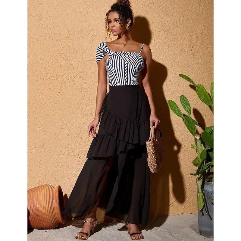 DAMOCHIC New Sexy One-Piece Swimsuit Ruffled Striped Print Swimwear Bikini Mesh Long Swim Skirt Suit Two Piece Beachwear 2024