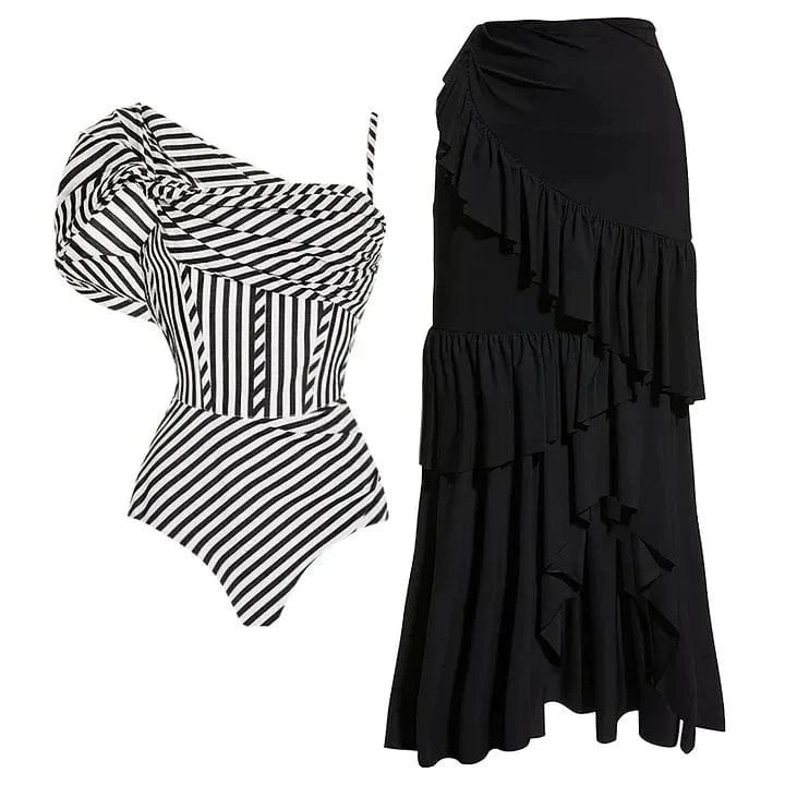 DAMOCHIC New Sexy One-Piece Swimsuit Ruffled Striped Print Swimwear Bikini Mesh Long Swim Skirt Suit Two Piece Beachwear 2024