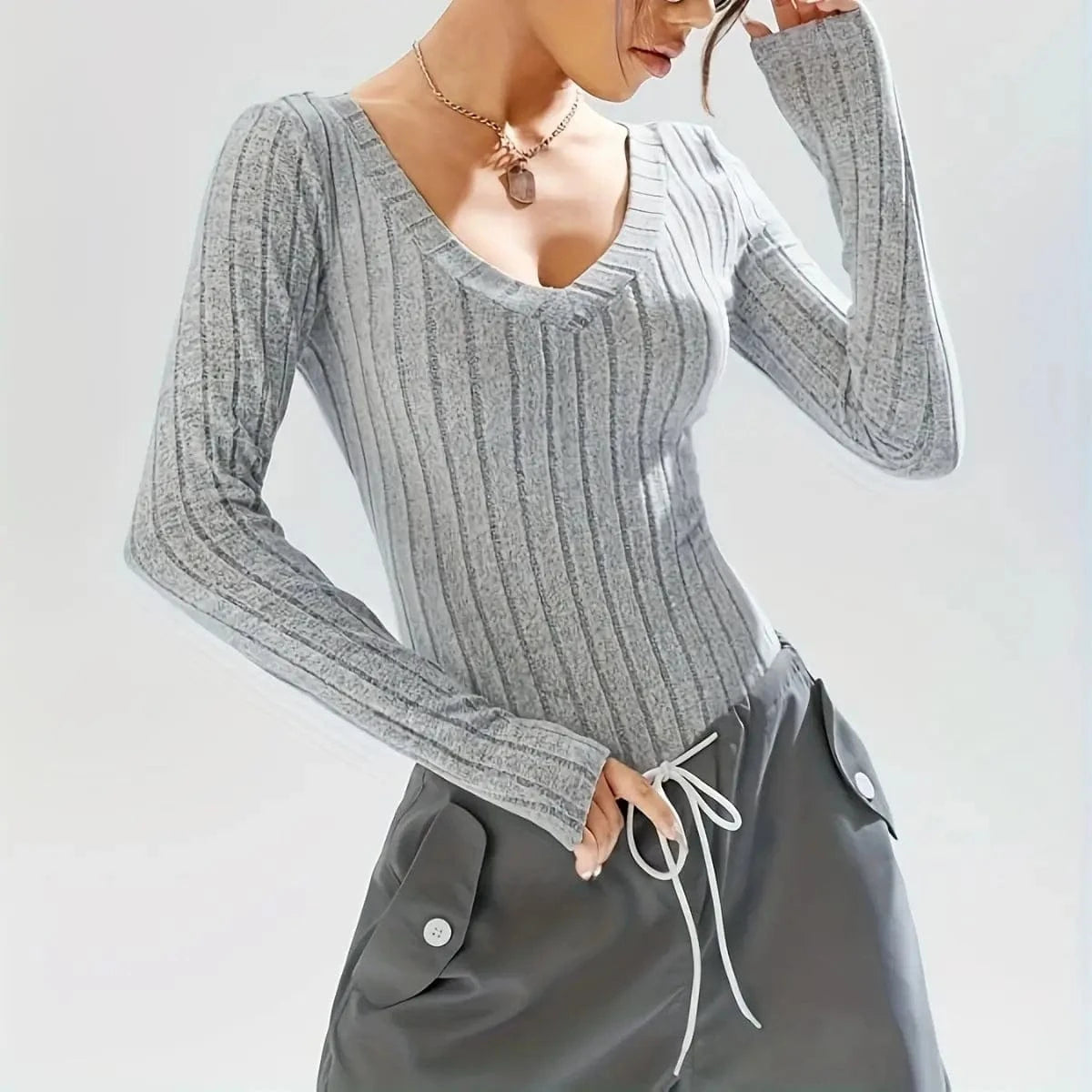 DAMOCHIC New Winter Ribbed Bodysuit Tops Long Sleeve Deep V Neck Knitted Bodysuits Skinny Sexy Fall Warm Women Thong Bodysuits