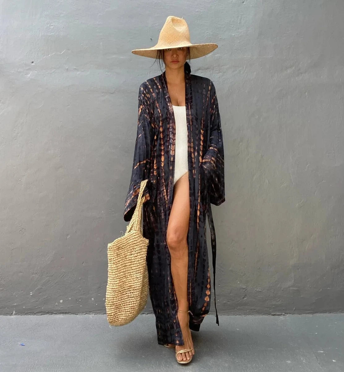 DAMOCHIC Private Label Rayon Kaftan Beach Cover Up Kimono Tie-Dye Swim Bikini Cover up with Belt Print Long Beach Cover Up 2023