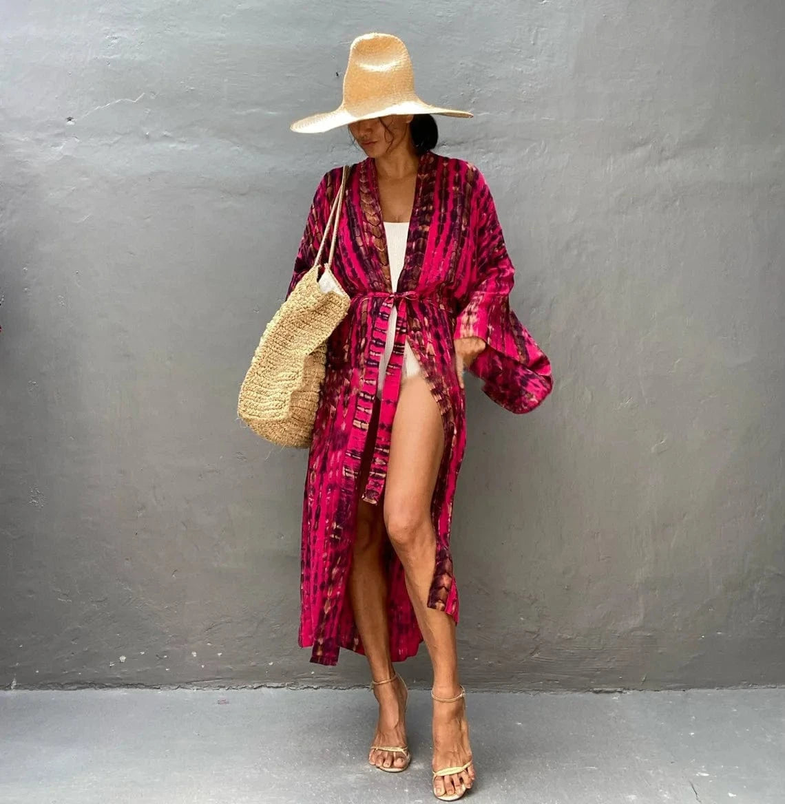 DAMOCHIC Private Label Rayon Kaftan Beach Cover Up Kimono Tie-Dye Swim Bikini Cover up with Belt Print Long Beach Cover Up 2023