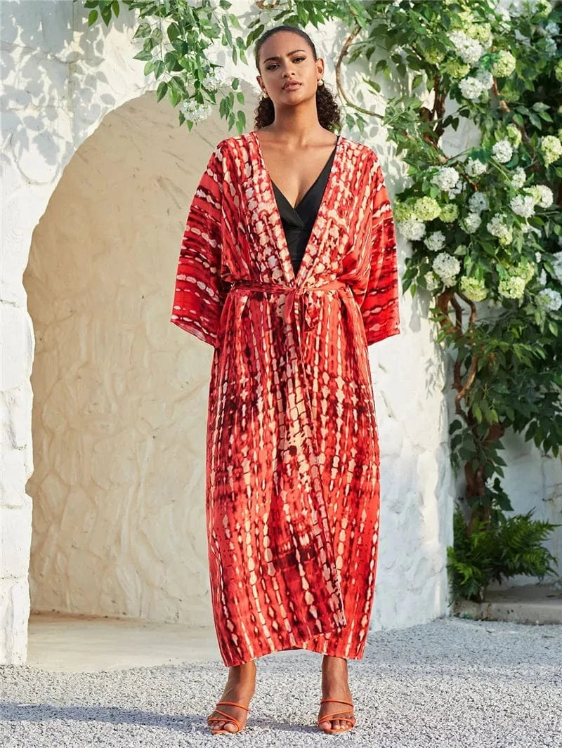 DAMOCHIC Rayon Kaftan Beach Cover Up with Belt Tie-Dye Bikini Cover Up Kimono Sarong Swimwear Print Long Beach Cover Ups 2023
