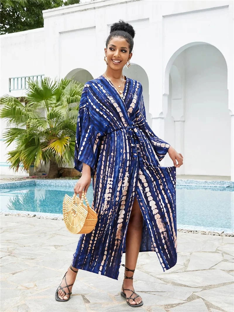 DAMOCHIC Rayon Kaftan Beach Cover Up with Belt Tie-Dye Bikini Cover Up Kimono Sarong Swimwear Print Long Beach Cover Ups 2023