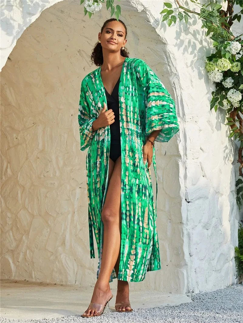DAMOCHIC Rayon Kaftan Beach Cover Up with Belt Tie-Dye Bikini Cover Up Kimono Sarong Swimwear Print Long Beach Cover Ups 2023