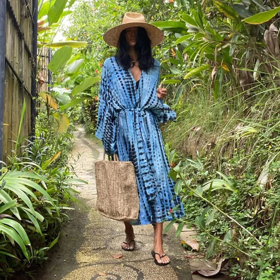DAMOCHIC Rayon Kaftan Beach Cover Up with Belt Tie-Dye Bikini Cover Up Kimono Sarong Swimwear Print Long Beach Cover Ups 2023