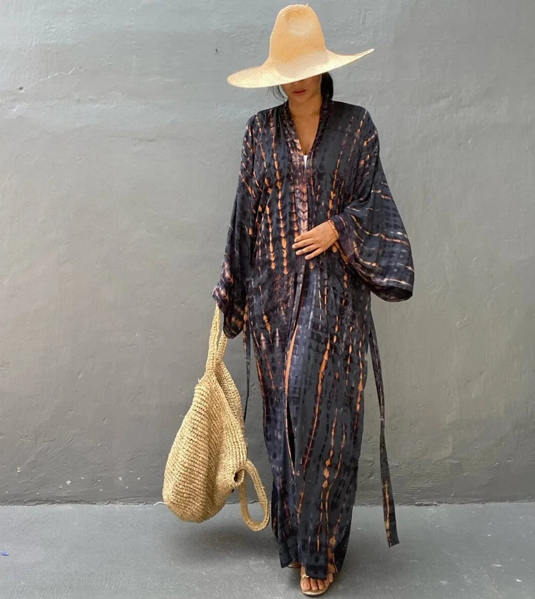 DAMOCHIC Rayon Kaftan Beach Cover Up with Belt Tie-Dye Bikini Cover Up Kimono Sarong Swimwear Print Long Beach Cover Ups 2023