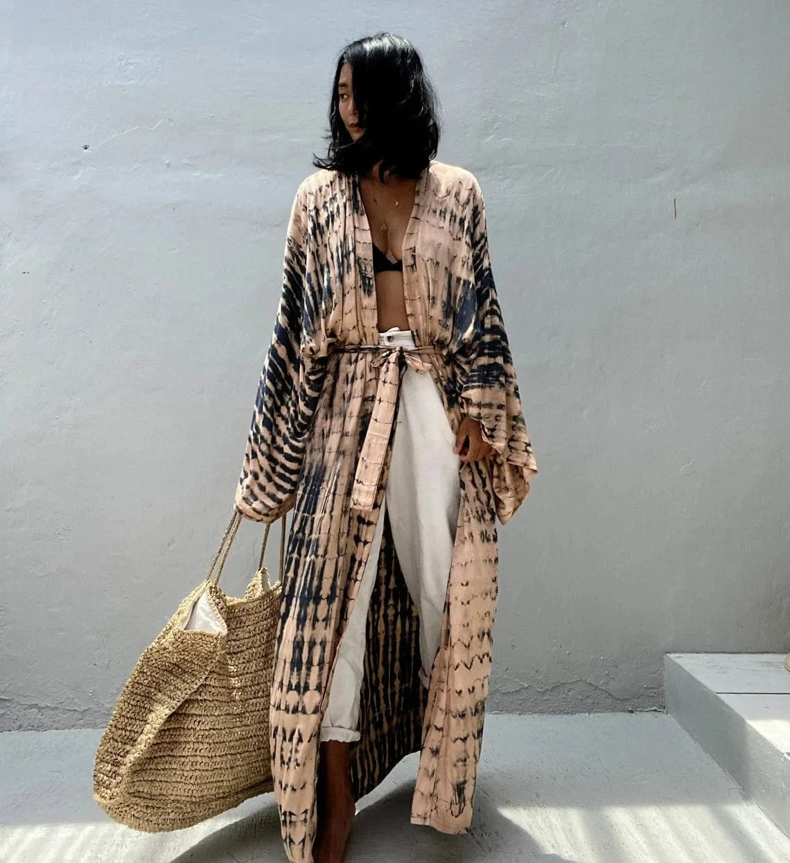 DAMOCHIC Rayon Kaftan Beach Cover Up with Belt Tie-Dye Bikini Cover Up Kimono Sarong Swimwear Print Long Beach Cover Ups 2023
