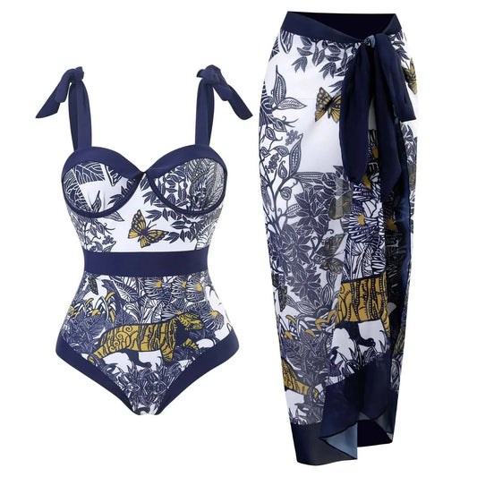 DAMOCHIC Sexy One Piece Bathing Suits for Women Printed Swimsuit with Sarong Wrap Skirt Beach Cover Swimwear Beachwear 2023