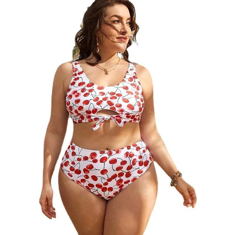 DAMOCHIC Style Ladies Sexy High Waist Swimsuit Cherry Fruit Print Plus Size Swimwear Push Up Big Cups Bikini for Fat Women 2023