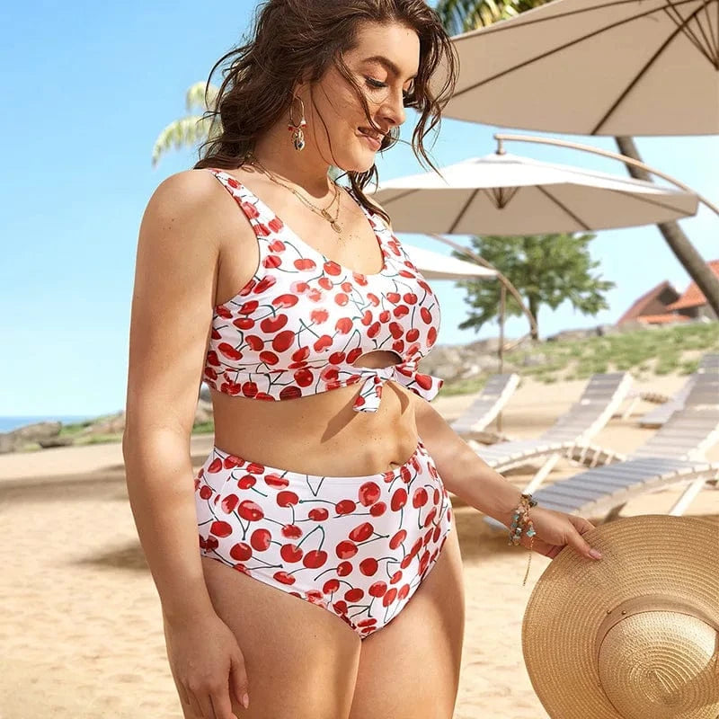 DAMOCHIC Style Ladies Sexy High Waist Swimsuit Cherry Fruit Print Plus Size Swimwear Push Up Big Cups Bikini for Fat Women 2023