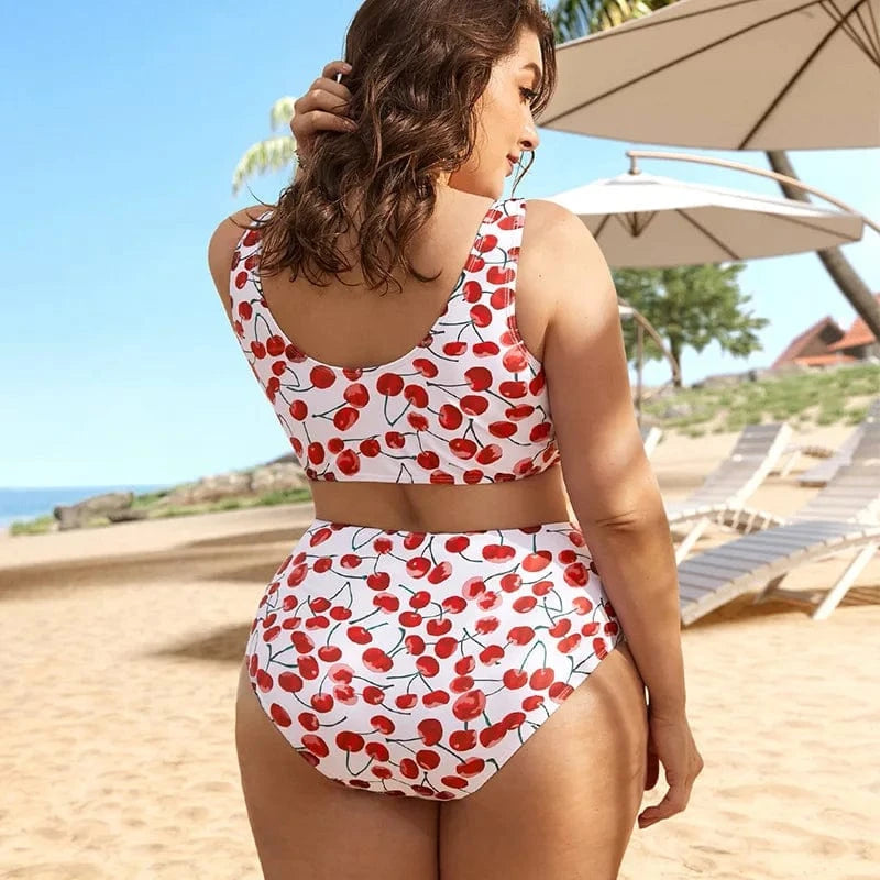 DAMOCHIC Style Ladies Sexy High Waist Swimsuit Cherry Fruit Print Plus Size Swimwear Push Up Big Cups Bikini for Fat Women 2023