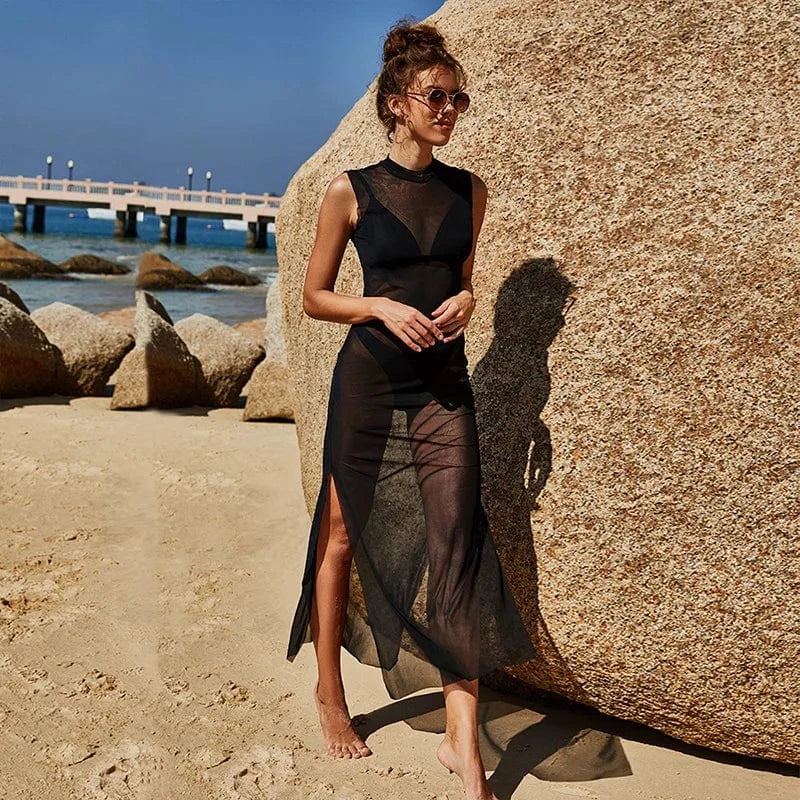 DAMOCHIC Swimsuit Cover Up for women Summer Perspective fork beach cover up Crew Neck Bathing Suit cover up dress 2023