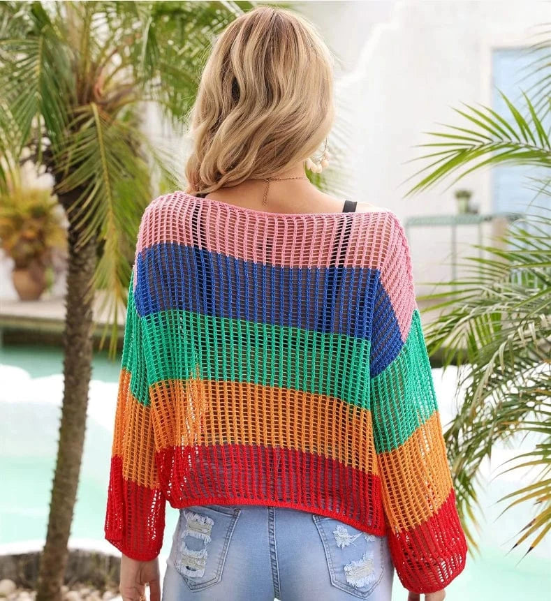 DAMOCHIC Swimwear cover up for women Summer Long sleeves The hood beachwear cover ups Rainbow Hollow out Bikini cover ups 2023