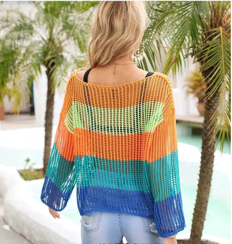 DAMOCHIC Swimwear cover up for women Summer Long sleeves The hood beachwear cover ups Rainbow Hollow out Bikini cover ups 2023