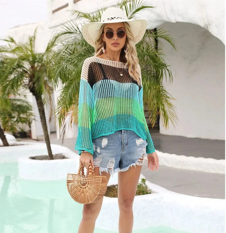 DAMOCHIC Swimwear cover up for women Summer Long sleeves The hood beachwear cover ups Rainbow Hollow out Bikini cover ups 2023