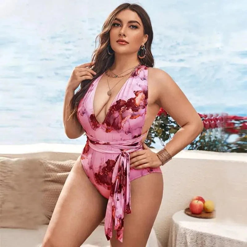 DAMOCHIC Swimwear for Plus Size Ladies High Waist Plunge One Piece Bikini Print Backless Cross Belt Large Swimsuit for Fat Women