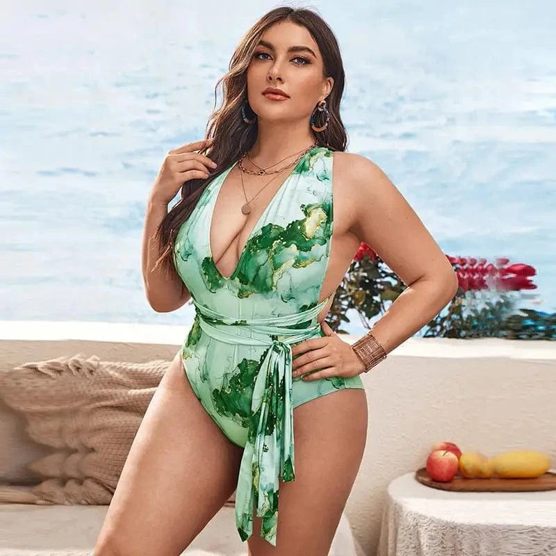 DAMOCHIC Swimwear for Plus Size Ladies High Waist Plunge One Piece Bikini Print Backless Cross Belt Large Swimsuit for Fat Women