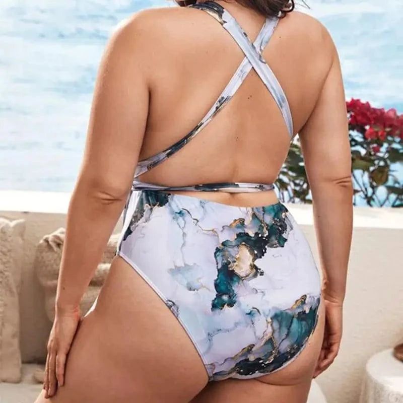 DAMOCHIC Swimwear for Plus Size Ladies High Waist Plunge One Piece Bikini Print Backless Cross Belt Large Swimsuit for Fat Women